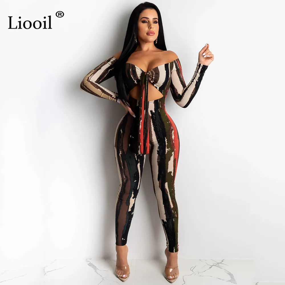 Dark Blue Liooil платье в полоску, с открытыми плечами эротичный вырез Облегающий комбинезон Клубная одежда осень длинный рукав Высокая талия облегающие вечерние женские комбинезоны - Цвет: Dark Blue