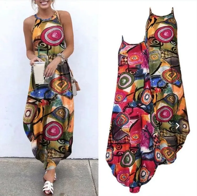 

Lady Summer O-Neck Sleeveless Irregular Dress Sexy Ankle-Length Printed Suspender Dress Casual Loose Sling Dresses Women