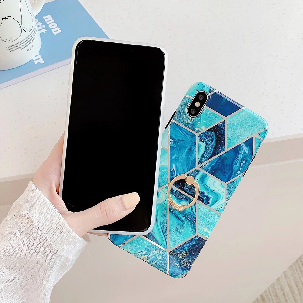 Геометрический мраморный чехол для iPhone XS с кольцом-держателем Роскошный