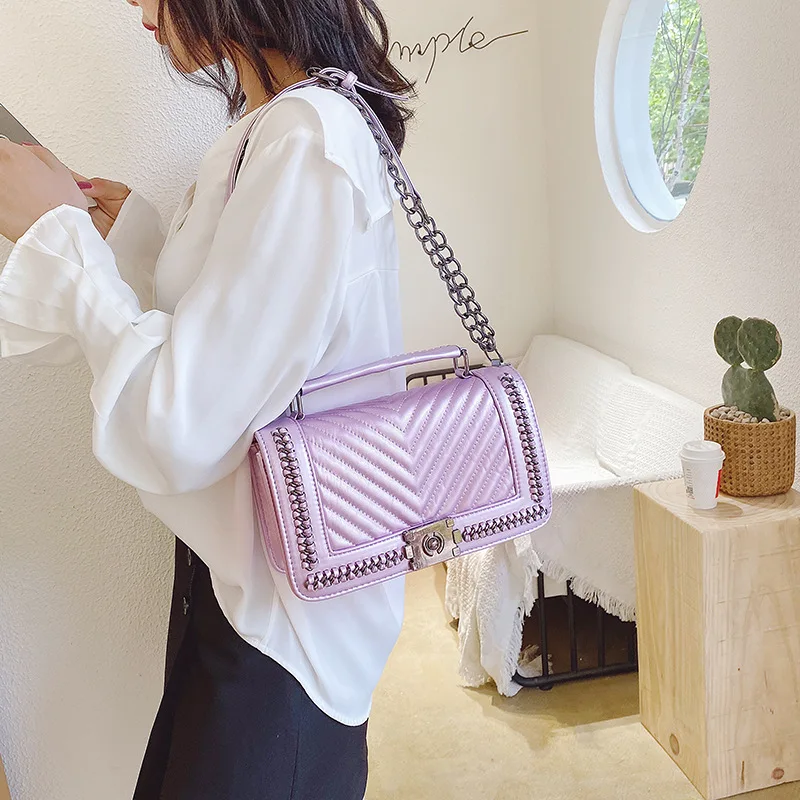 

High Quality PU Leather Crossbody Bag Female 2020 Summer Checkered Decorative Shoulder Bag Female Solid Color Crossbody Bag