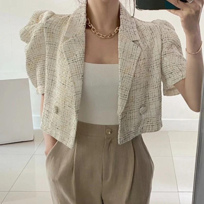 

Korea Chic Retro Summer Short Sleeve Lapel Tweed Jacket Straight Puff Sleeve Short Cardigan Coat Crop Tops Fashion Sexy Wild
