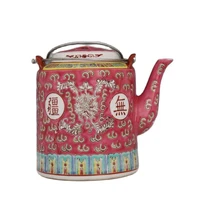 china old porcelain pot with pink red longevity and borderless copper handle and liliang teapot
