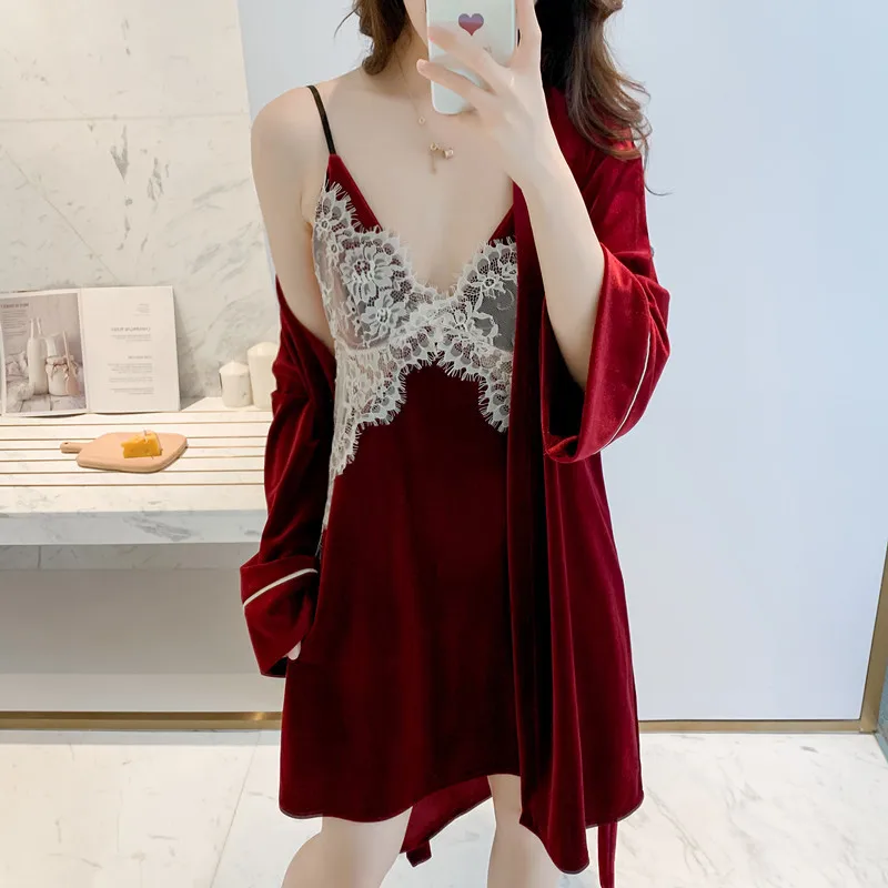 

Perspective Sexy Green Velvet Intimate Lingerie Long Sleeve Sleepwear Women Robe Set 2PCS Autumn New Kimono Bathrobe Gown