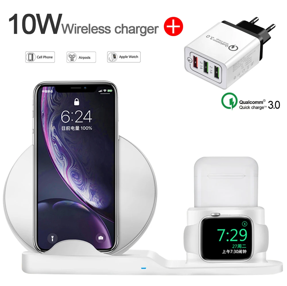 White EU Plug 3 в 1 лучшая Беспроводная подставка для зарядного устройства для iPhone 11 Pro Max 8 AirPods Watch Series 4/3 QC3.0 быстрое зарядное устройство для samsung huawei Xiaomi - Цвет: White EU Plug