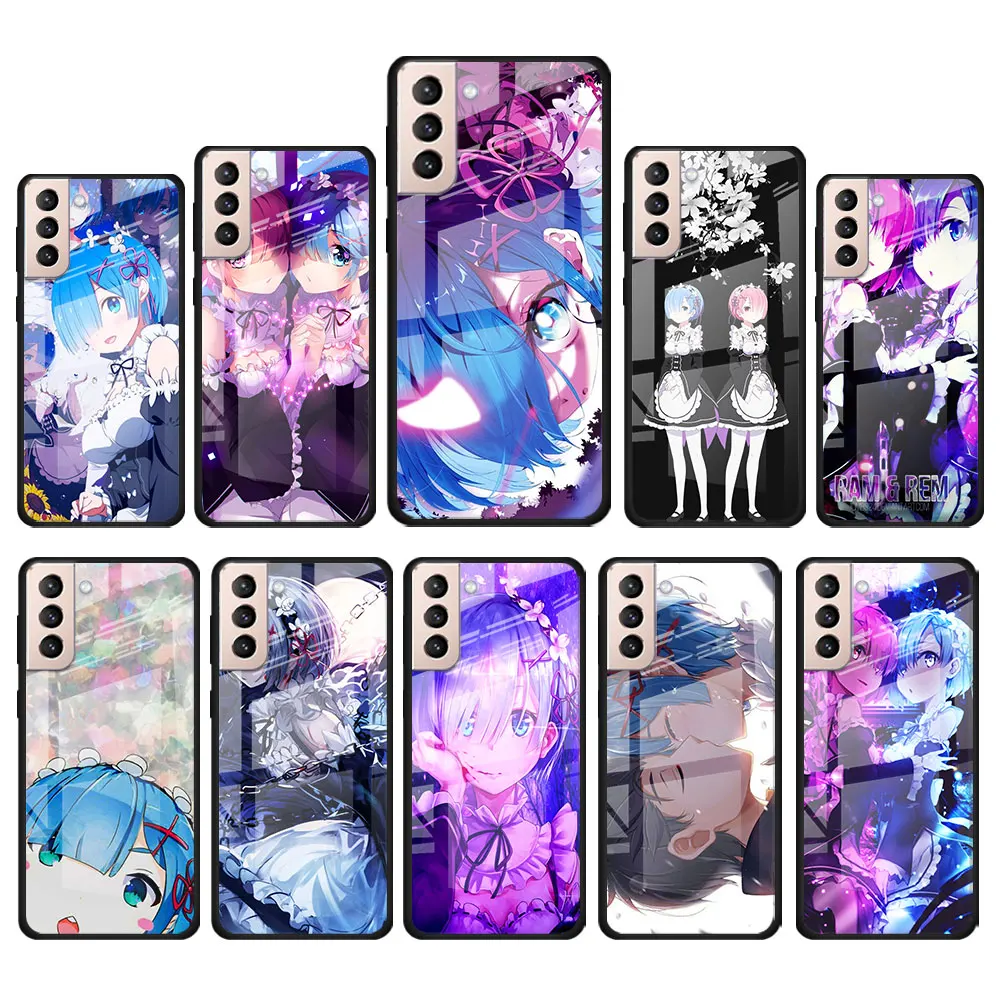 

Anime RE ZERO Ram Rem for Samsung Galaxy S21 Ultra Plus A72 A52 4G 5G M51 M31 M21 Luxury Tempered Glass Phone Case Cover