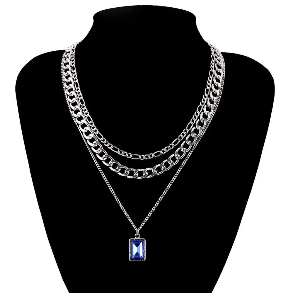 

SHIXIN 3 Pcs/Set Hiphop Layered Chunky Necklace Chain With Blue Crystal Pendant Necklace for Women Fashion Chain on Neck Jewelry