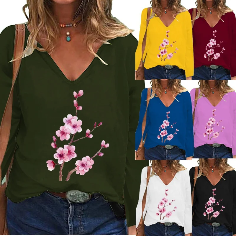 

Womens Spring/autumn Fashion Flowers Printed T-shirt Casual Long Sleeve Deep V-neck Tee Solid Color Pullover Blouse Tops