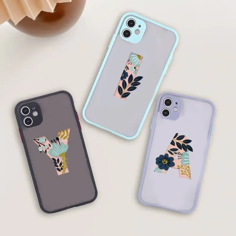 

Custom 26 letter flower Phone Case For iPhone 12 11 Mini Pro XR XS Max 7 8 Plus X Matte transparent blue Back Cover