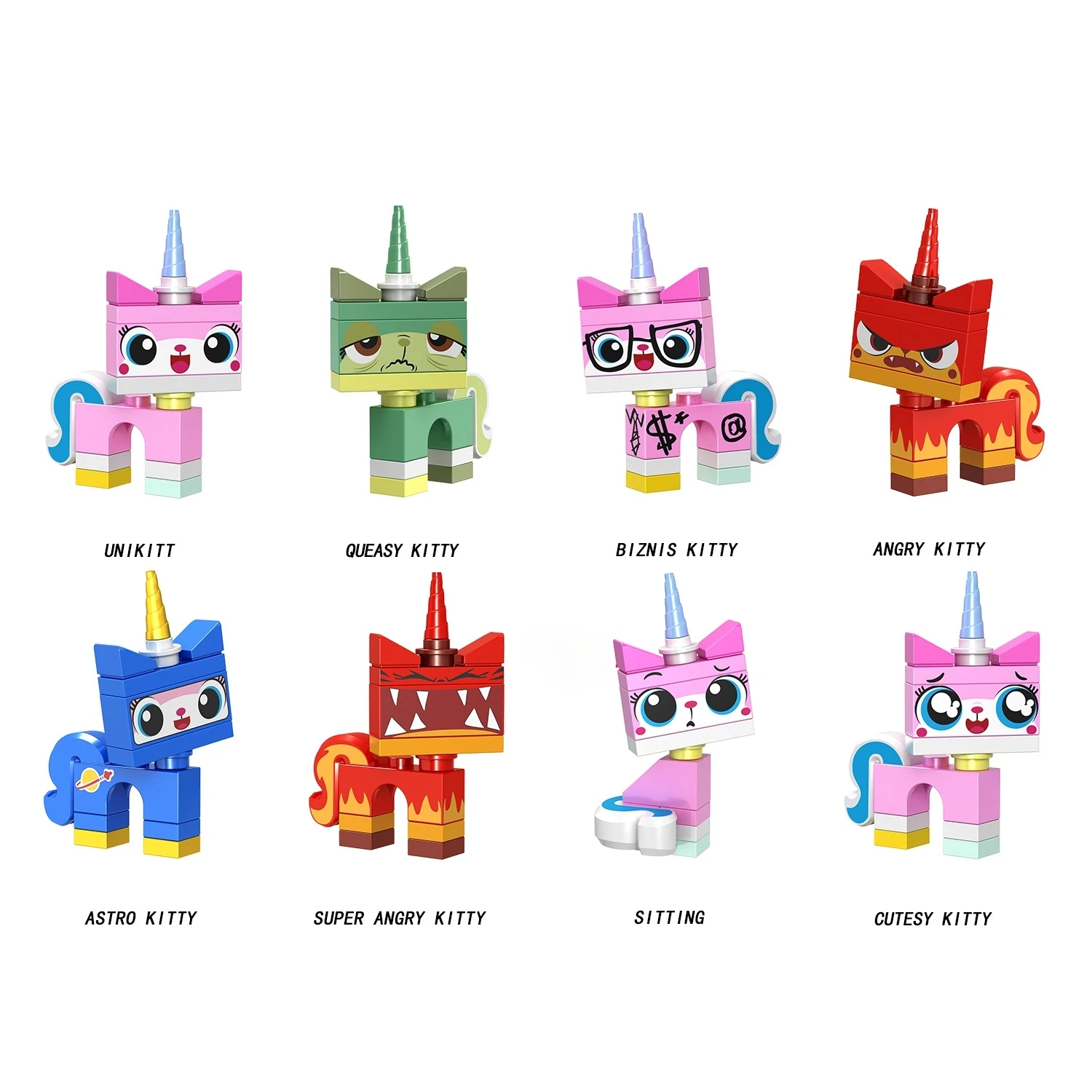 

8Pcs Cartoon Movie Bricks Building Blocks Unikitty Super Angry Astro Queasy Biznis Unicorn Kitty Toys for Children Birthday Gift