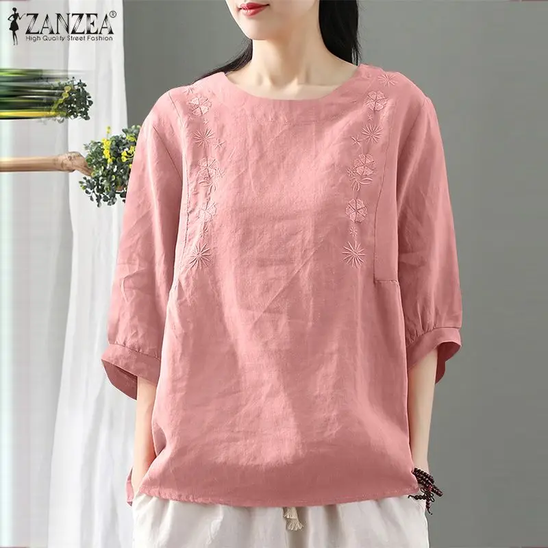 

ZANZEA Vintage Embroidery Blouse Women Summer Floral Shirt Casual Solid Work Blusas Oversize Elegant 3/4 Sleeve Cotton Tops