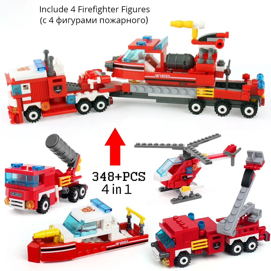 348pcs Bricks 4in1 Fire Fighting Trucks Car Helicopter Boat Child Toys Assembling Blocks City Firefighter Education Toys K0090