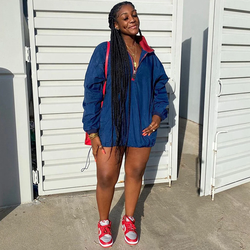 

Casual Style Color Block Patchwork Loose Dress for Women Stand Collar Long Sleeve Zipper Up Straight Hoodies Sweatshirt Dresses