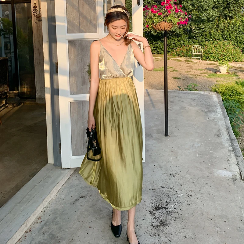 

Summer 2021 Runway Patchwork Korean Fairy Casual Honeymoon Vacation Party Vestidos Women Long Backless Satin Slip Dress Sundress