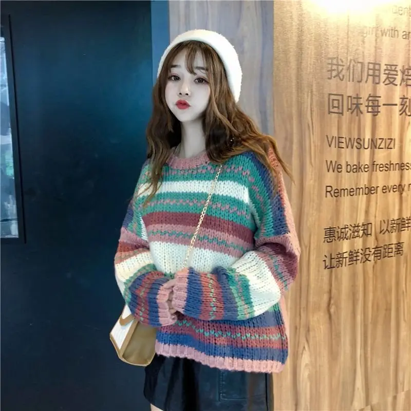 

Round Neck Sweater Women 2022 Autumn And Winter Fashion New Hedging Striped Color Matching Knitted Top All-match Casual
