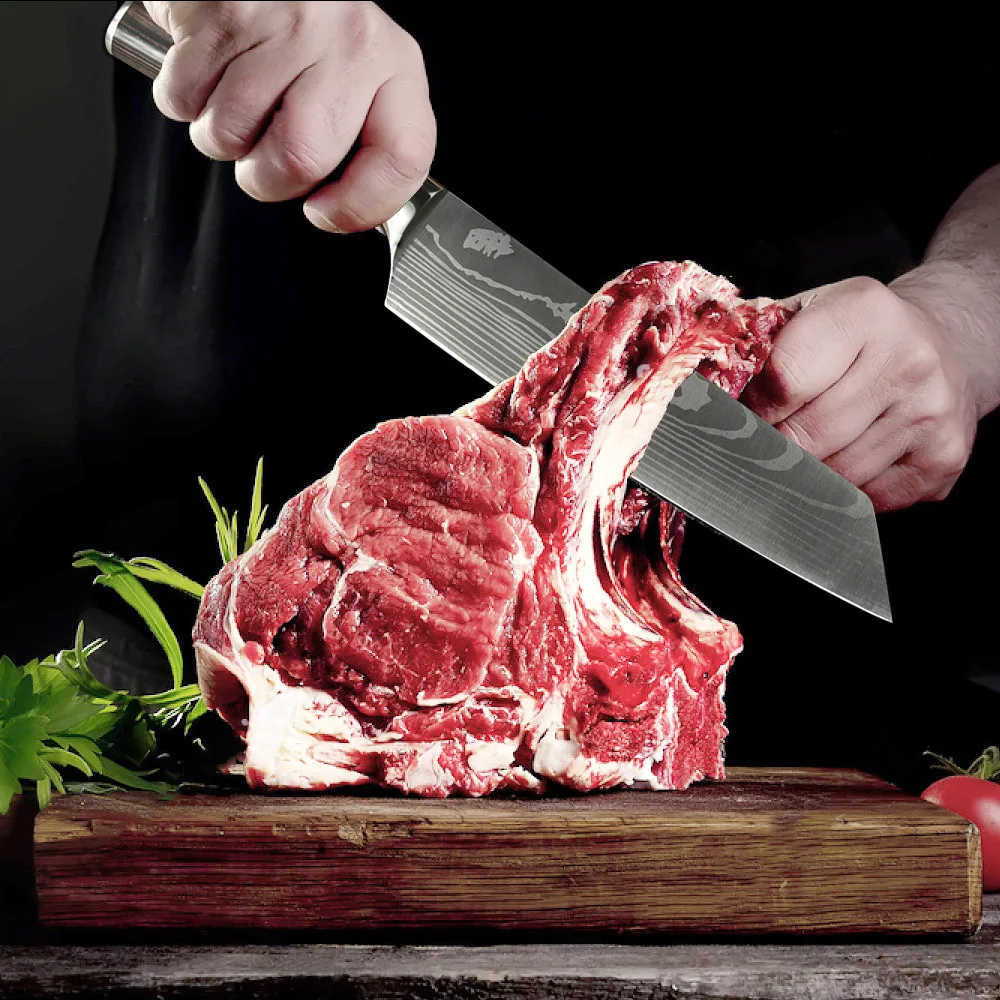 

Japanese Stainless Steel Kitchen Knives Laser Damascus Pattern Chef Cleaver Slicing Utility Gyuto Boning Knives Tool
