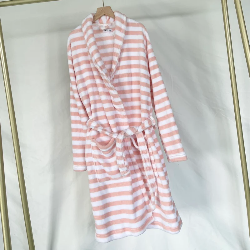 Autumn and winter models Ladies coral fleece long-sleeved nightgown Loose casual warm striped nightdress