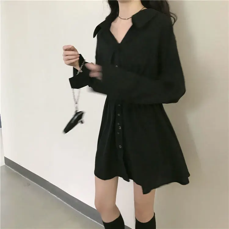 

New style light and mature design small black skirt with thin waist long sleeve dress