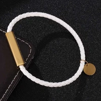 fashion charm jewelry white braided leather bracelet women men stainless steel magnet buckle couples leather wristband sp0718