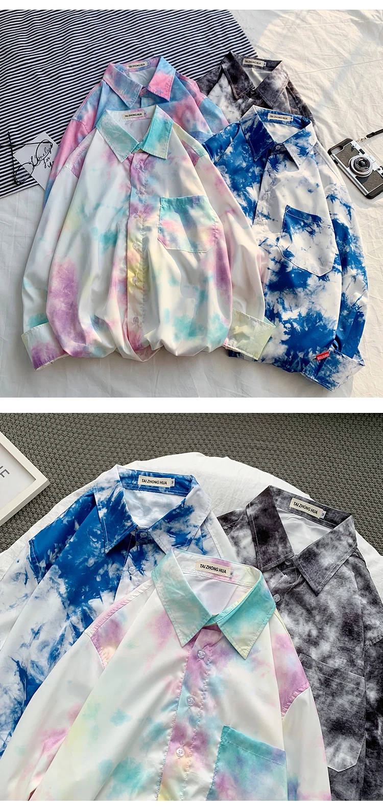 Camo рубашка Мужская модная повседневная рубашка с принтом Tie-dye Мужская Уличная Свободная рубашка с длинными рукавами Мужская s M-2XL