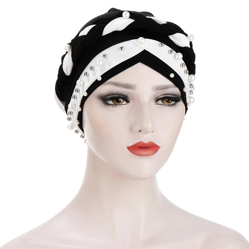

Elegant Pearls Beading Braid Turban Cap For Women Muslim Cross Fronthead Inner Hijabs Double Color Islamic Female Head Scarf Hat