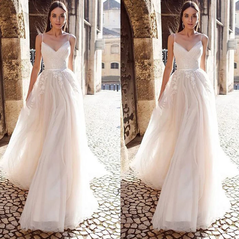 

ANJURUISI Cheap A Line Wedding Dress 2019 Vestido De Noiva Princess Bridal Dress Backless Spaghetti Straps Beach Wedding Dresses