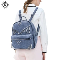 stylish denim backpacks casual fashion studded women backpacks preppy teenagers backpack bags jeans backpack blackblue