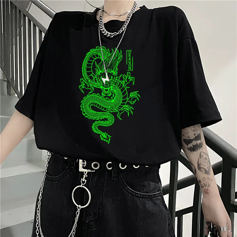 

T-shirt print tops summer new Chinese ulzzang Harajuku vintage casual Streetwear women women's loose Oversize T-shirt dragon T-s
