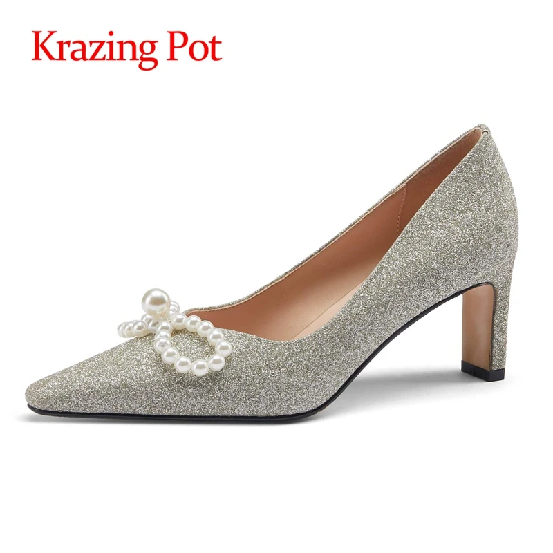 

Krazing Pot big size genuine leather square toe high heels pearl beading sweet gentlewomen slip on dating dress women pumps L8f3