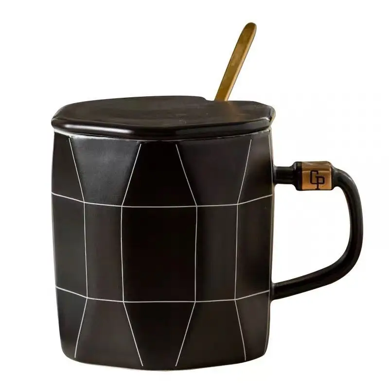 

Nordic Style Mark Cup Creative Personality With Cover Spoon Family Breakfast Coffee Ceramic Water Cup Gift For Men Women