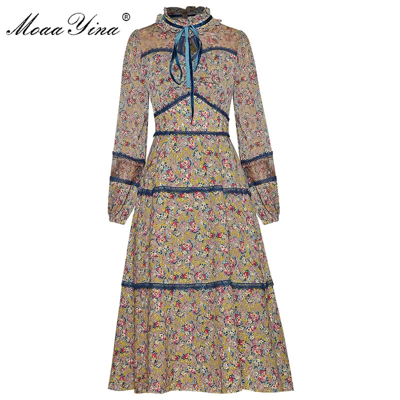 

MoaaYina Fashion Dress Spring Summer Women's dress Long sleeve Lace Patchwork Vintage Floral Print Dresses