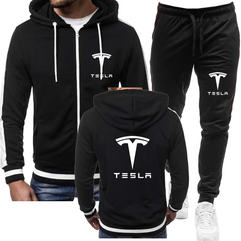 

Fashion Tracksuit mens 2-piece set Tesla car logo print Casual Sweatshirt+Sweatpants high quality trend Fleece Men's jackets set