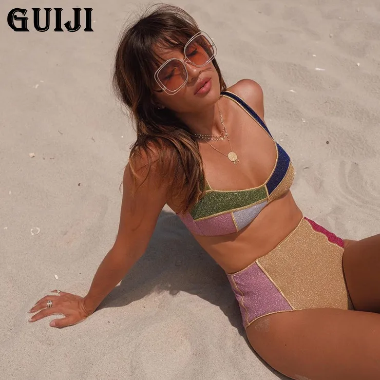 

【GUIJI】Ready Stock 2021 New flash sexy high waist bikini women's swimsuit contrast stitching swimsuit women's swimsuit beachwear