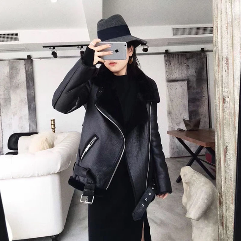 

2021 Winter Coats Women Thick Faux Leather Fur Sheepskin Coat Female Fur Leather Jacket Aviator Jacket Casaco