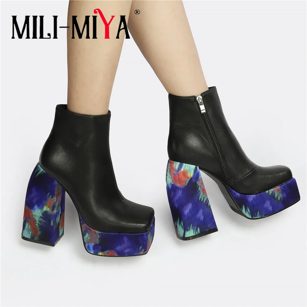 

MILI-MIYA Fashion Square Toe Platform Ankle Boots New Women Luxury Print Chunky Heels Really Leather Zip Shoes Big Size 34-43