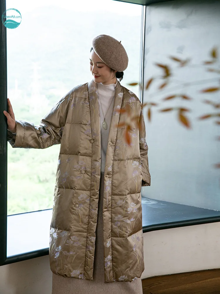 

LinenAll Women's elegant long style silk mulberry long down jacket