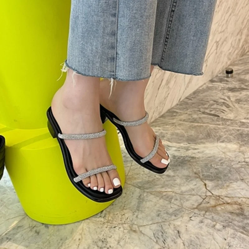 

Rhinestone word with open toe thick heel sandals and slippers 2021 summer new temperament square head mid heel slippers women