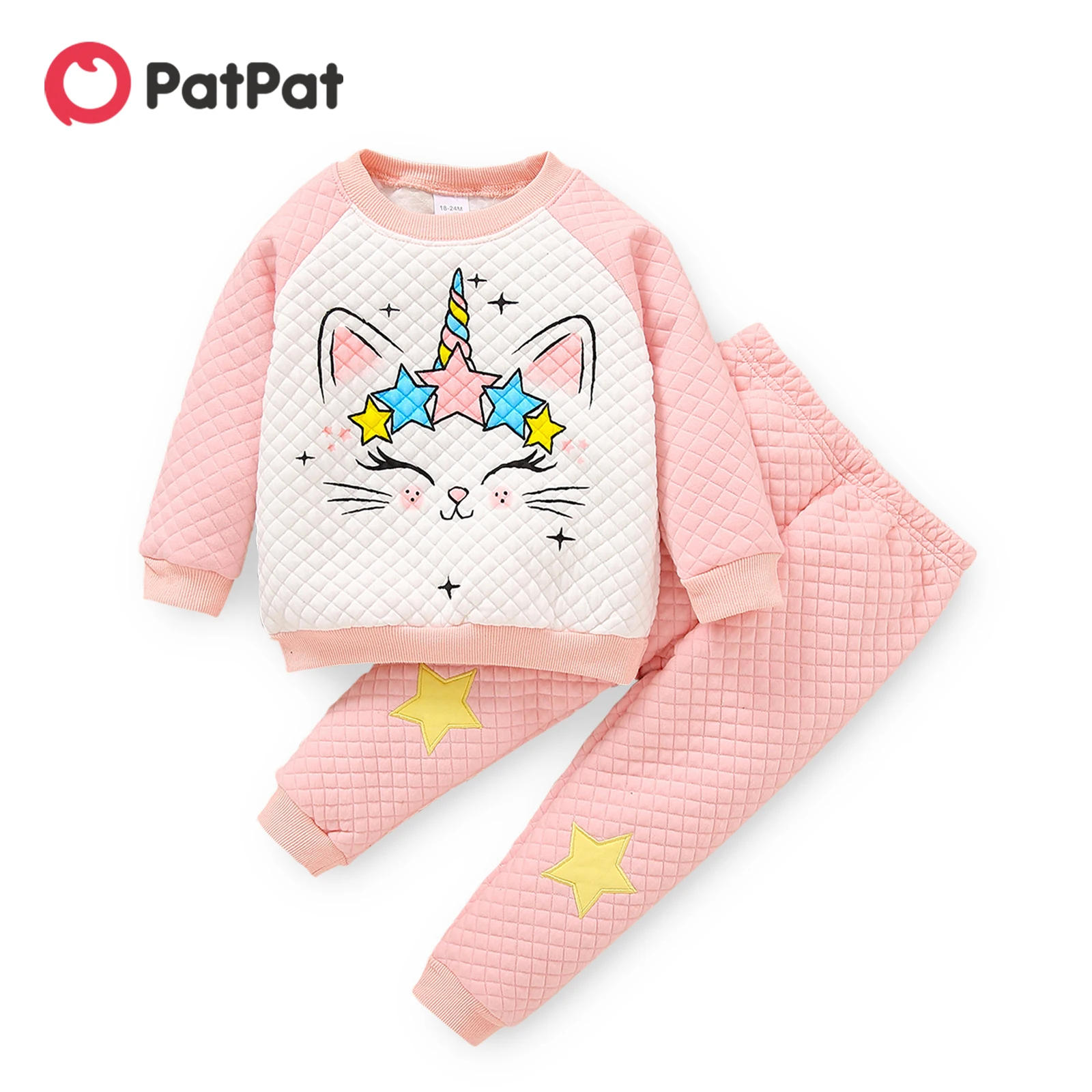 

PatPat 2-piece Toddler Girl Unicorn Print Textured Colorblock Sweatshirt and Stars Embroidered Pants Set
