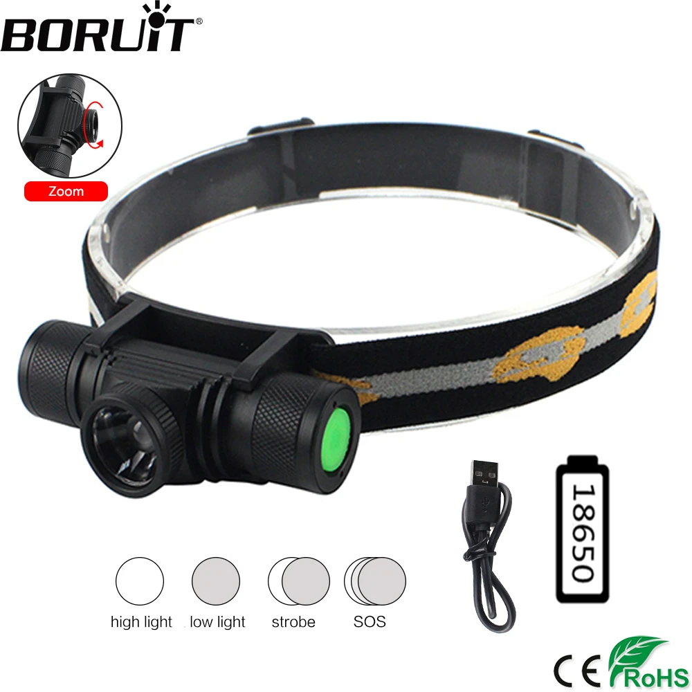 BORUiT D20 Zoom Мощный светодиодный налобный фонарь XPG USB Перезаряжаемый 18650
