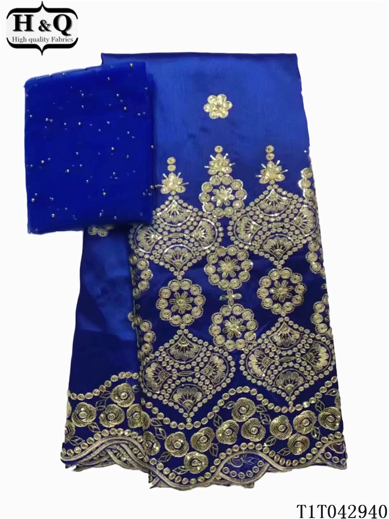 

H&Q high quality embroidery african george satin lace fabric matching french tulle laces chiffon fabrics 5+2 yards one set GL525