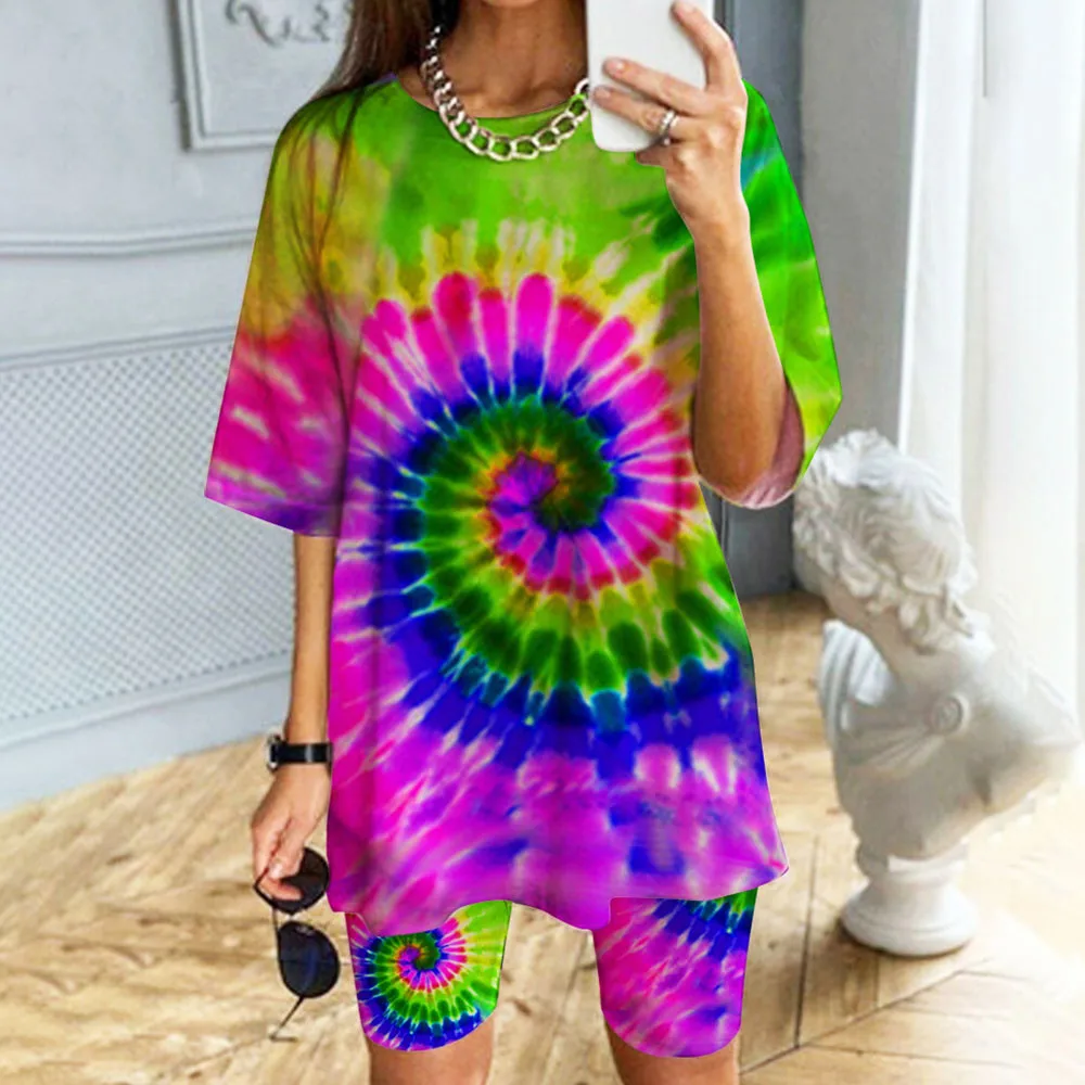 Tie Dye Print Oversized Two Piece Short Set for Women T-shirt Top and Biker Shorts Set Lounge Wear Street Joggers Matching Sets