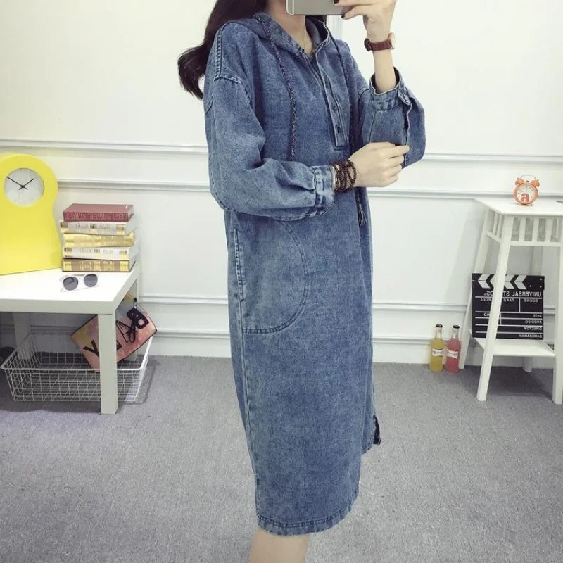 

New Vintage Loose Hooded Long Sleeve Denim Dress Spring Autumn College Style Casual Pullover Jean Dress Female Black/Blue