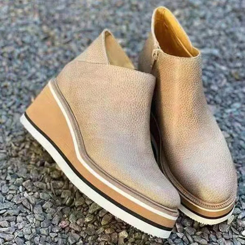 

Women PU Leather Shoes Wedge Sneakers Side Zipper Casual Flat Shoes Soild Color Thick Bottom Ankle Boots Internal Heighte Boots
