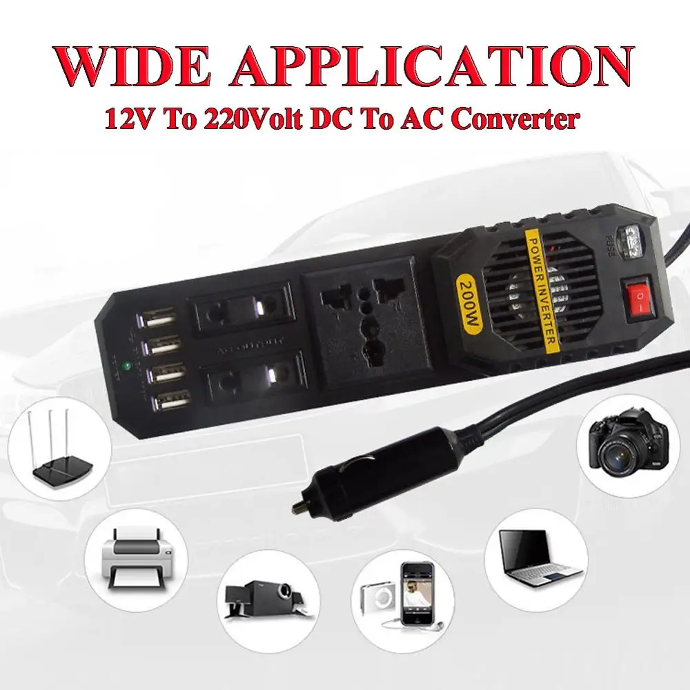 200W Power Car Inverter Square Wave DC 12V to AC 220V Voltage Converter 4 USB 3.1A Charger Auto Inversor 12 V 220 |