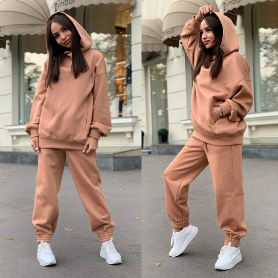 

Fashion Women'S Solid Color Loose Sportswear 2 Two-Piece Suit Hooded Pullover And Stretch Pants Casual Suit 2020 Autumn New