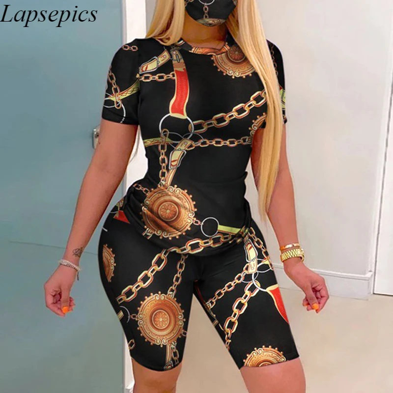 

S-5XL Summer Women Large Size Casual Round Neck Chain Printed Sexy Plus Size 2 Piece Set Short Set