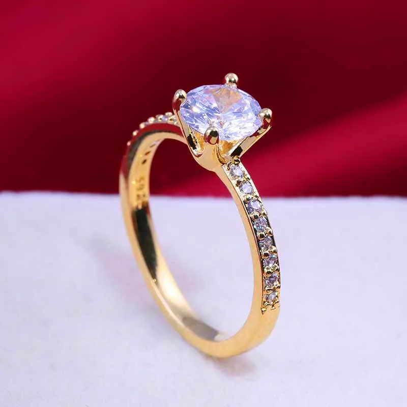 Роскошные женские кристально-белый циркон кольцо Классические желтые золотые