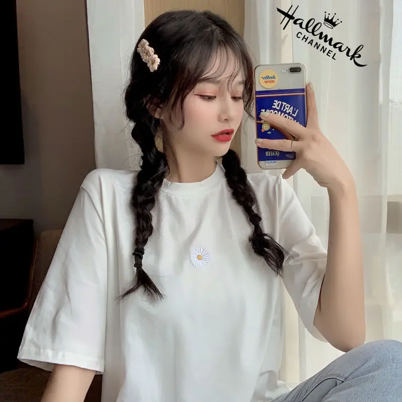 Футболка с маргариткой Женская Ins модная простая Свободная кофта для студенток и