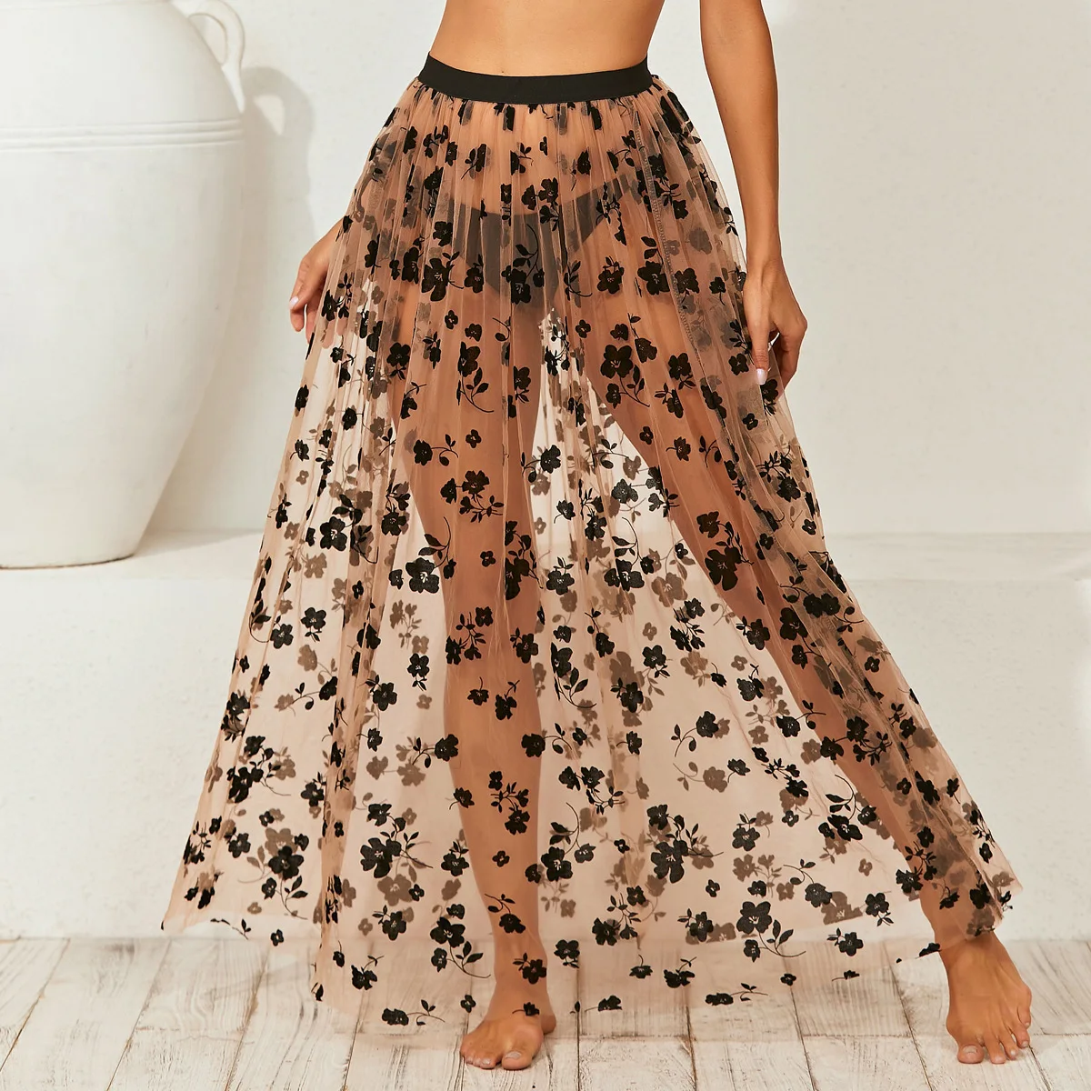 

2021 Trend Women Chiffon Floral Cover Ups Casual See Though Folds Wrap Skirts Summer Embroidery High Waisted Skirts for Seaside
