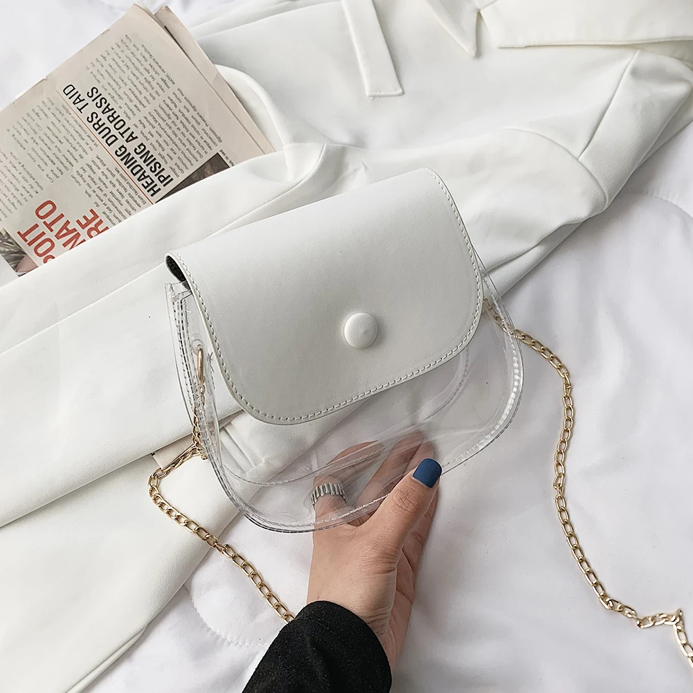 

Women Chain Shoulder Crossbody Bag Casual All-match Messenger Bag Ladies Mini Flap Handbag PVC PU Patchwork Clear Pouch