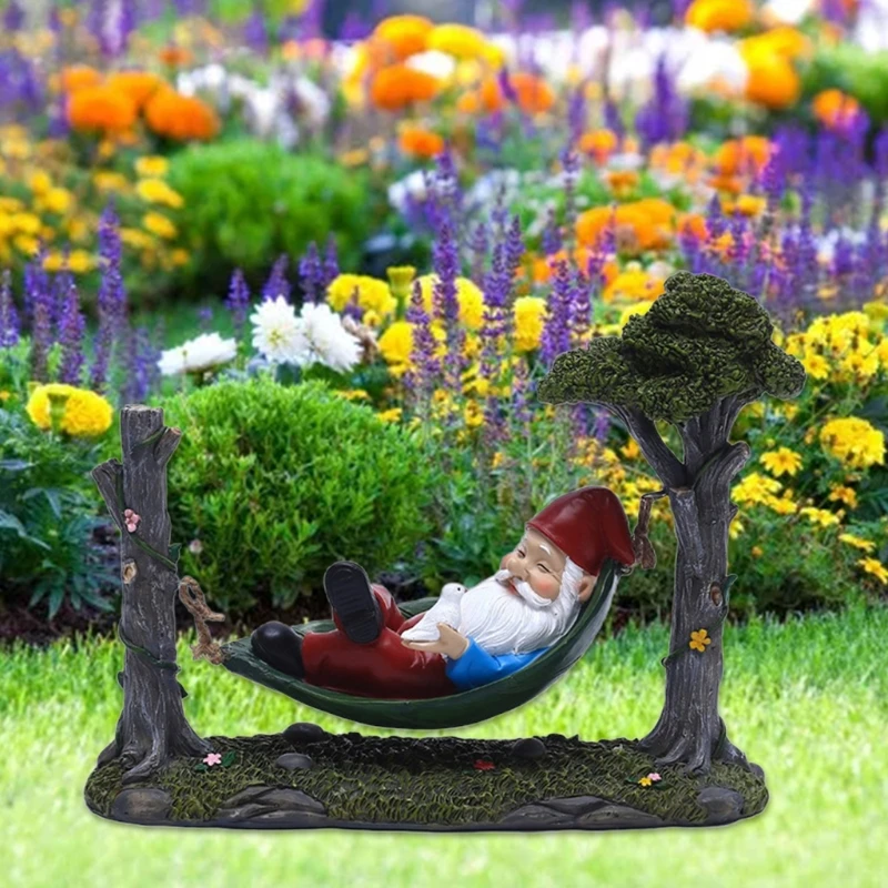 

Gnome Laying on Hammock Garden Statue Ornament Cute Cartoon Sculpture Creative Outdoor Garden Decor Art Crafts Home